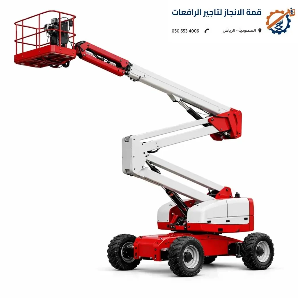 رافعة مان لفت حديثة باللونين الأحمر والأبيض - شركة قمة الإنجاز لتاجير المعدات.